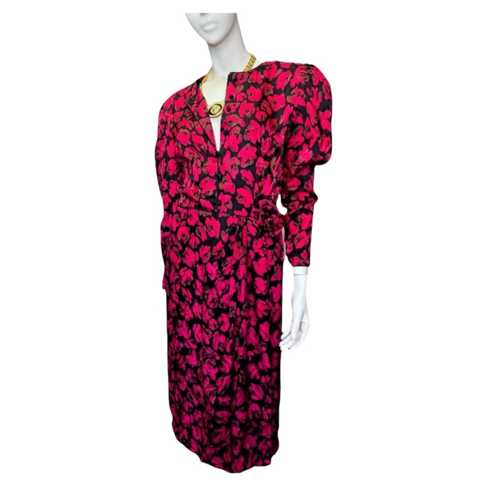 Vintage 80s Maggy London 💯 Silk Red Rose Midi Dress‎ with Long Sleeves